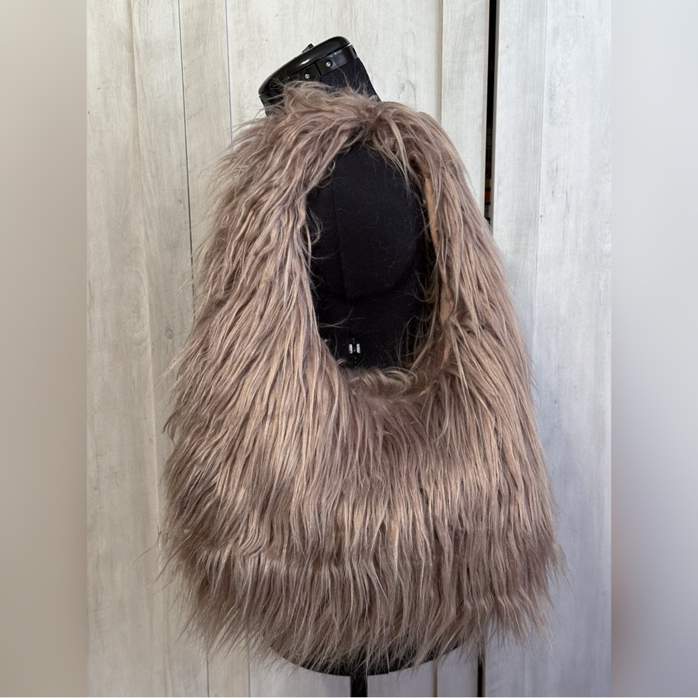 Handmade Tan Faux Fur Mongolian Shaggy Fuzzy Mohair Camel Medium Shoulder Bag